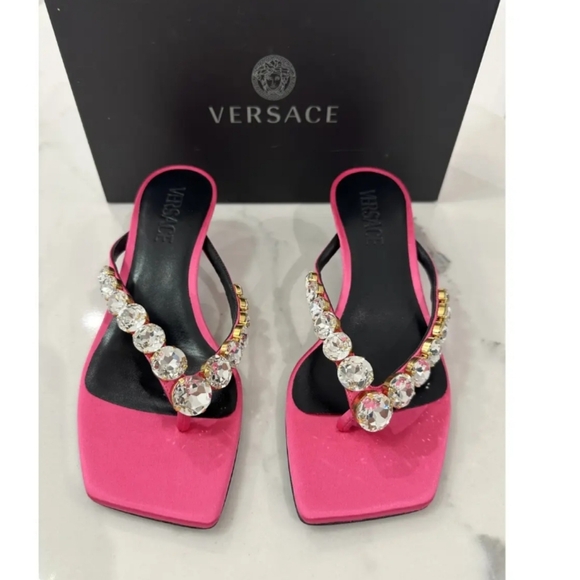 NWT Versace55mm crystal-embellished thong mules 8.5B US. 38 1/2 Satin Pink. - Picture 1 of 5